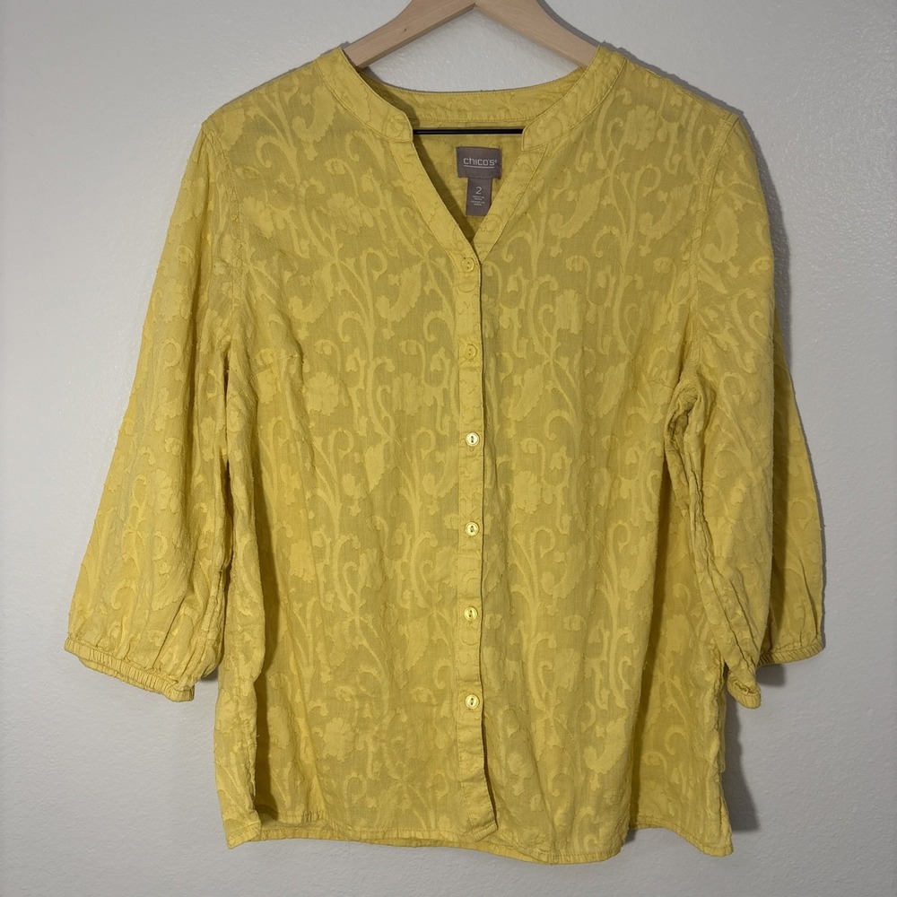 Chico's Womens Size 2 Large Yellow Floral Paisley 100% Cotton Blouse Boho Top